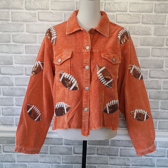 Orange Cropped Corduroy Jacket Football Sequin Raw Hem School Collegiate NEW Lg - Picture 10 of 10